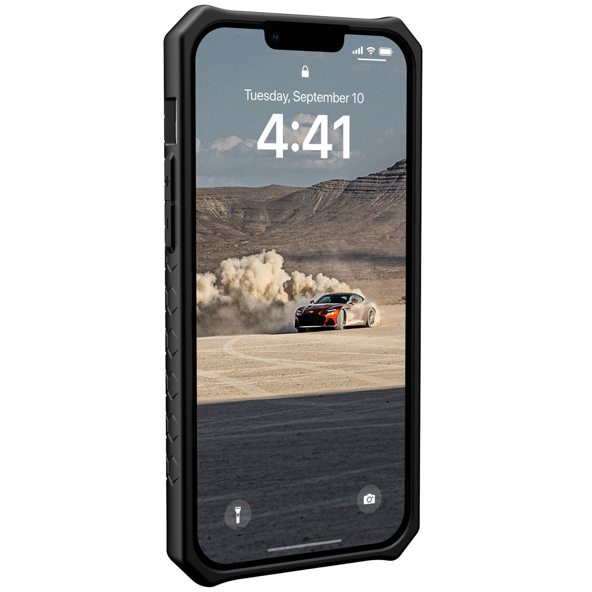 Schwarzes Telefon in schwarzer Hülle, zeigt ein Rennauto auf einer Wüstenstrecke, Zeit 4:41.