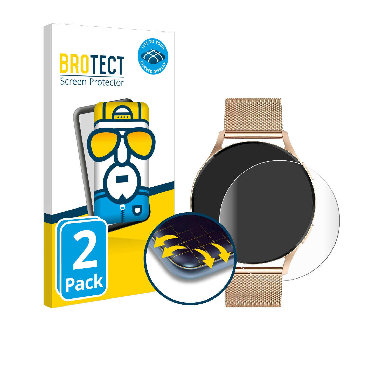 Brotect Displayschutzfolienbox und Schutzfolie neben einer goldenen Uhr. Zeigt ein gewölbtes Display.