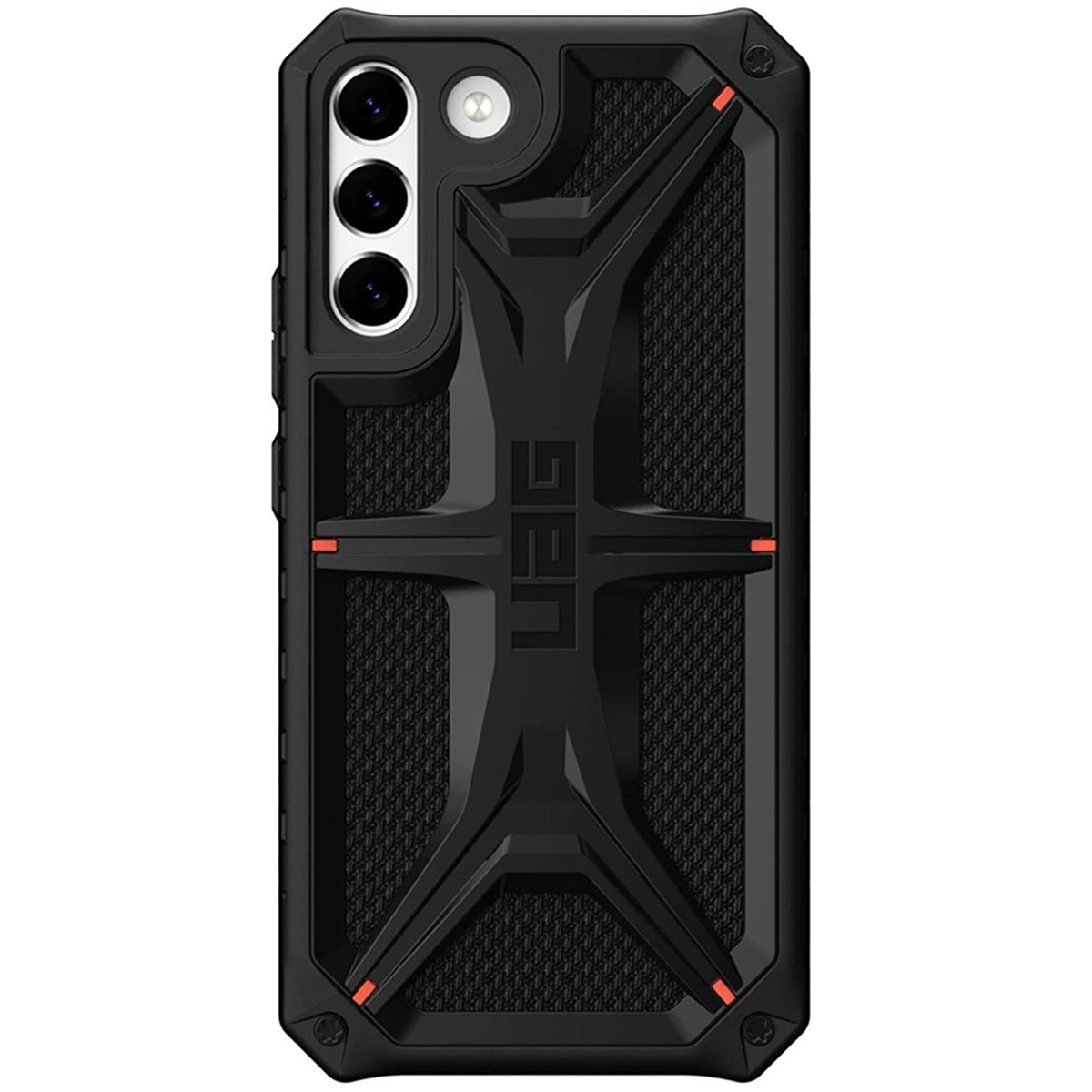 Schwarze Handyhülle mit UAG-Logo und roten Akzenten. Strukturiertes Design. Weißer Hintergrund.