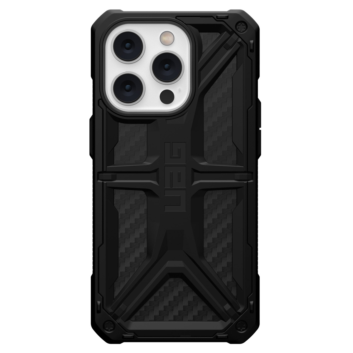 Eine schwarze Handyhülle mit robustem Design. Es hat ein strukturiertes Kohlefasermuster und ein UAG-Logo.