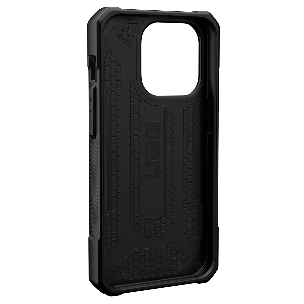 Schwarze Handyhülle mit strukturiertem Design, Kameraausschnitt und UAG-Logo im Inneren.