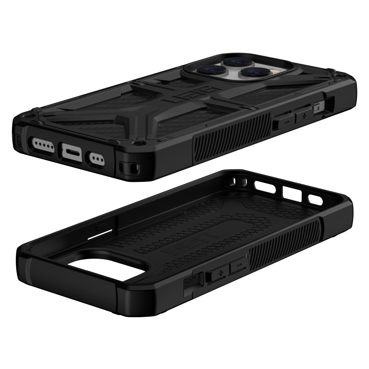 Schwarze Handyhülle, vorne und hinten, mit strukturiertem Design und Kameraaussparungen.
