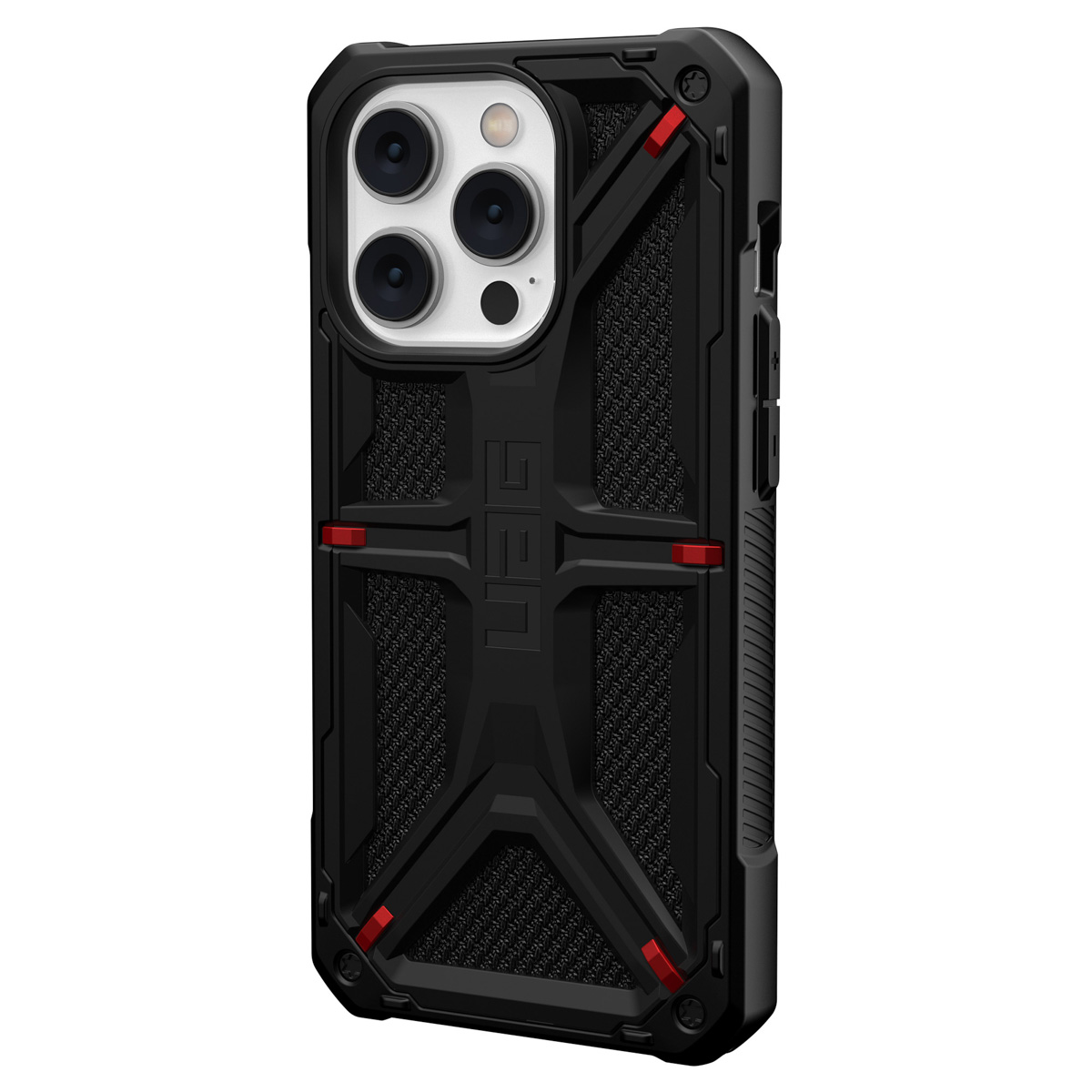 Robuste schwarze und rote Handyhülle. Drei Kameras sind sichtbar. UAG-Logo auf der Rückseite.