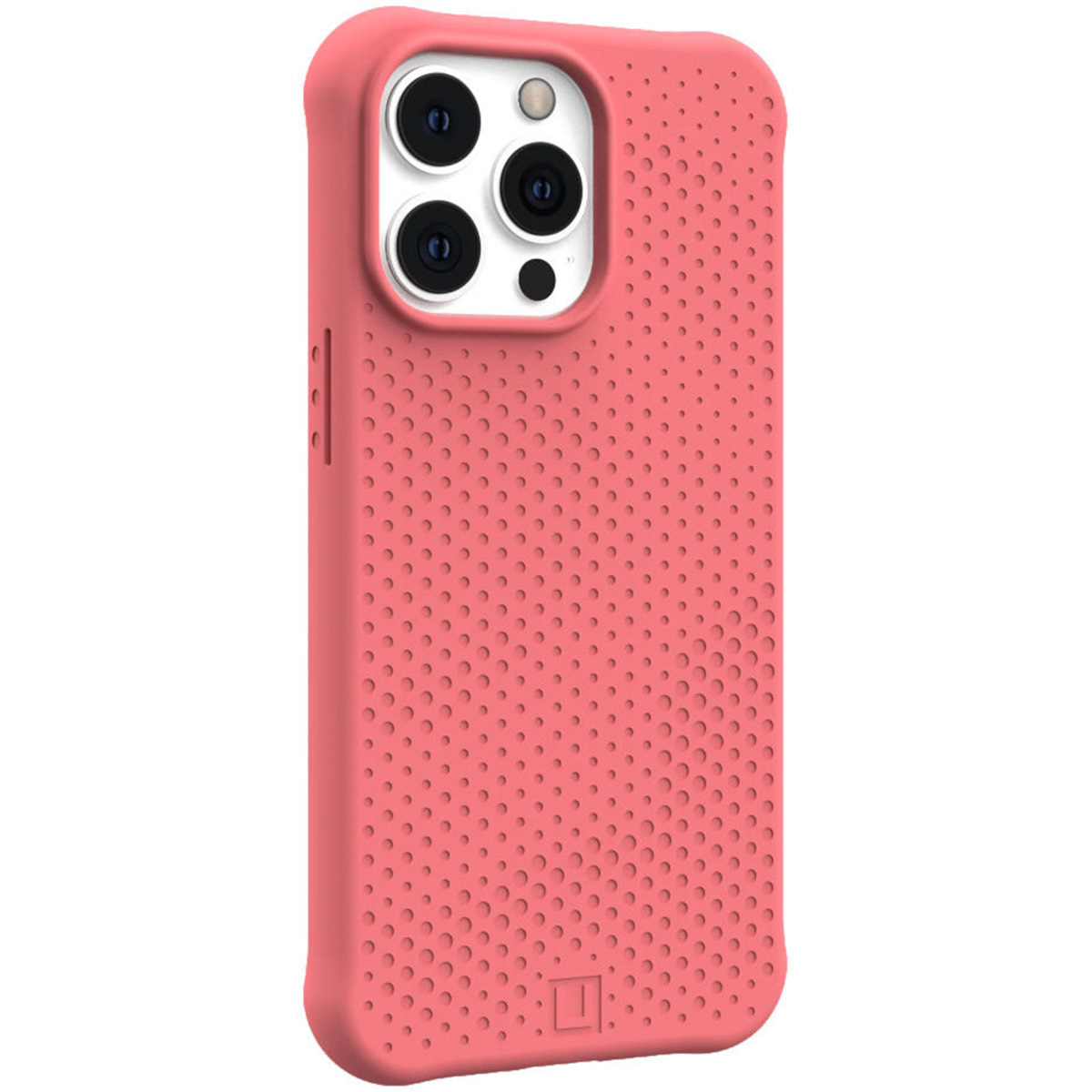 Funda de teléfono rosa con agujeros. La funda cubre la cámara del teléfono y tiene el logo UAG abajo.
