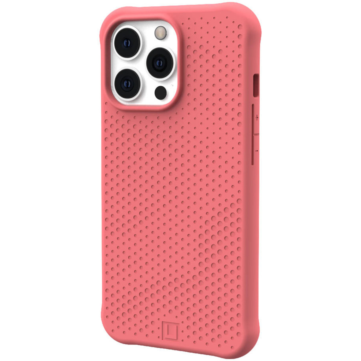 Funda de iPhone rosa con textura punteada. Fondo blanco.