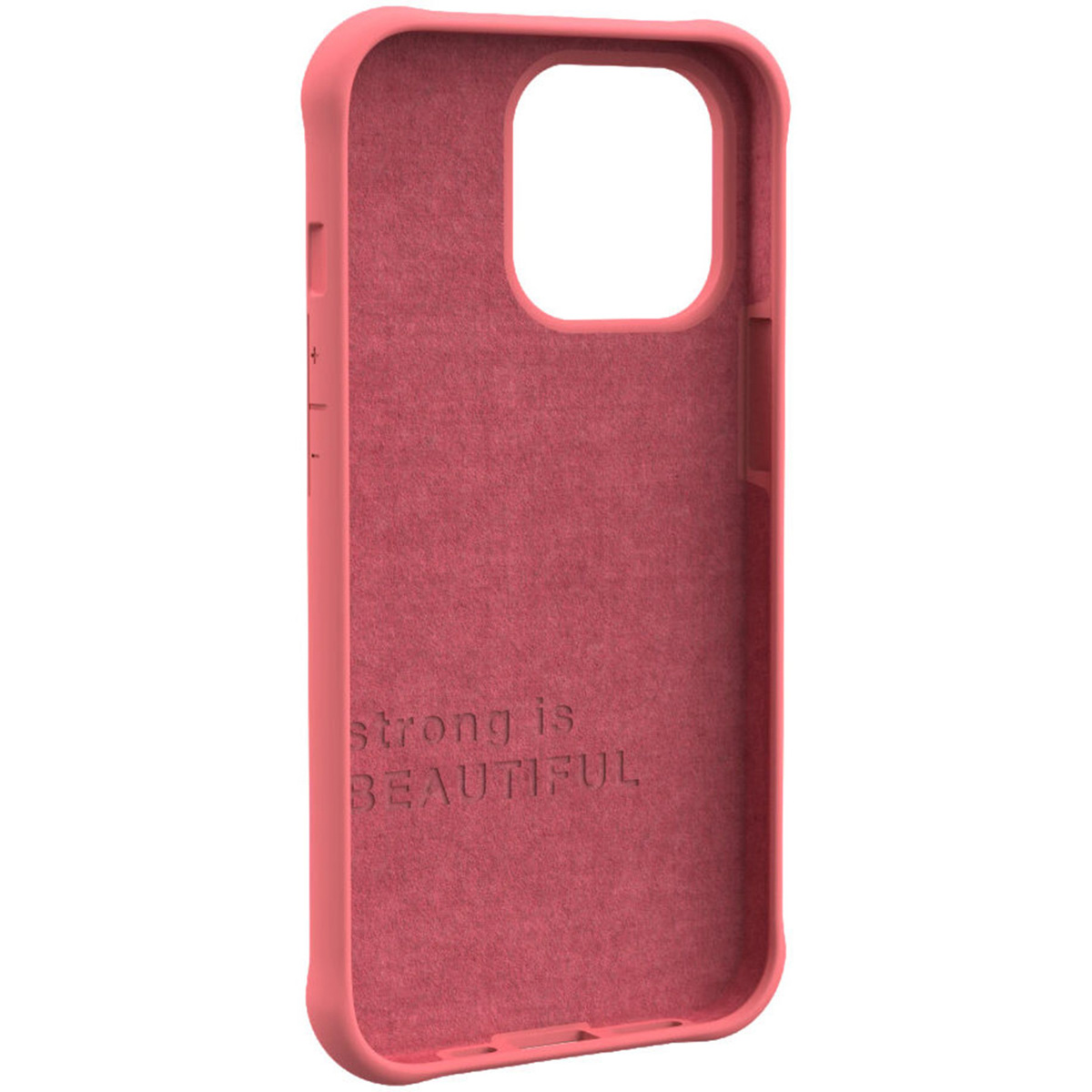Interior de una funda de teléfono roja con el texto 'strong is BEAUTIFUL'.