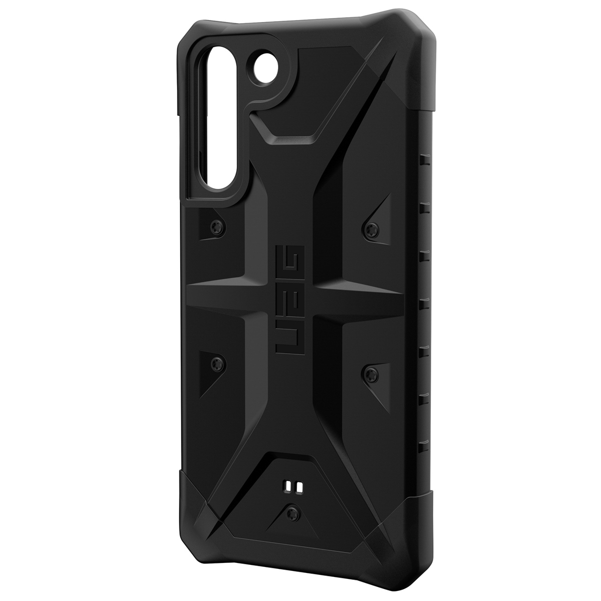 Schwarze Handyhülle mit geometrischem Design, UAG-Logo. Sie hat Aussparungen für Kamera und Knöpfe.