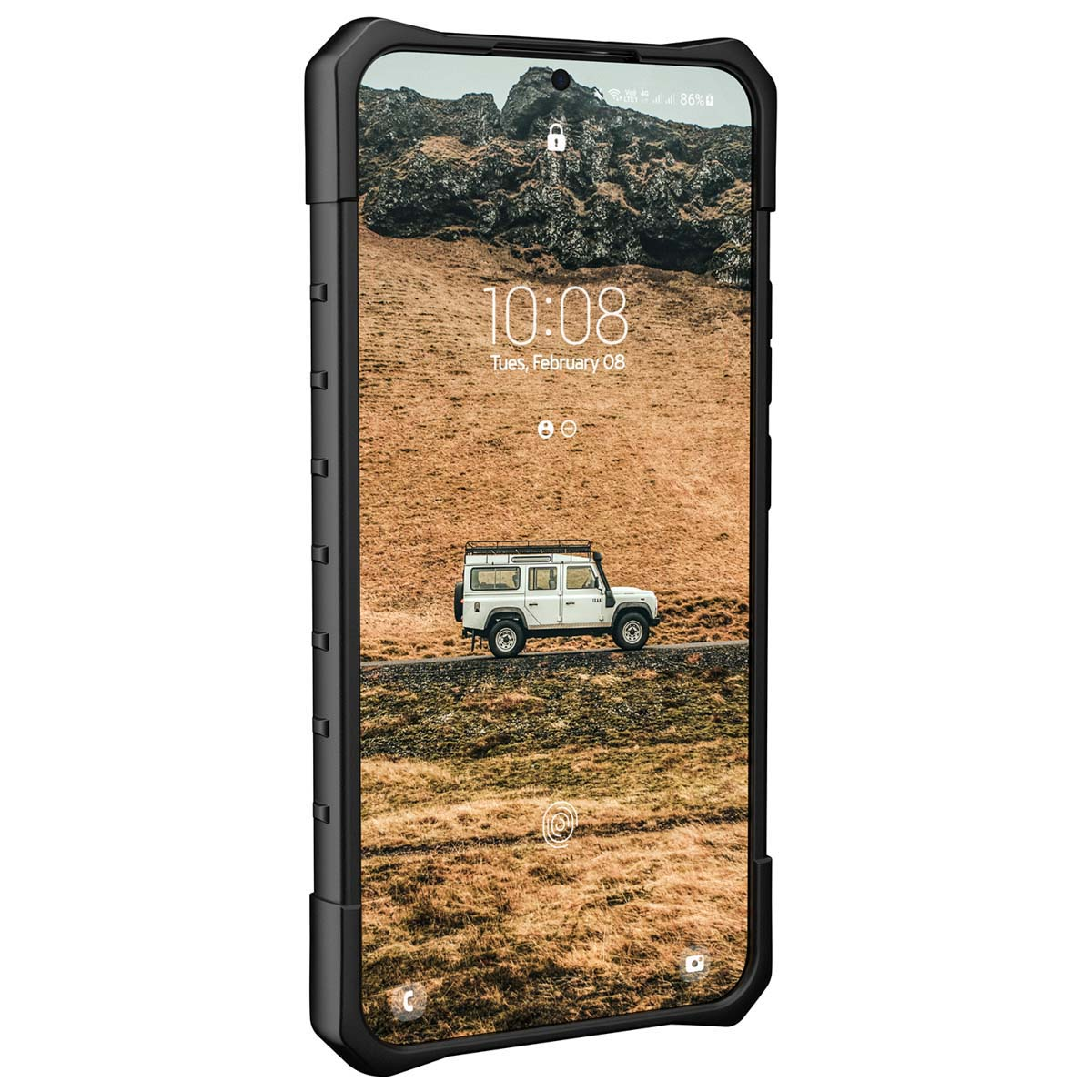Eine schwarze Handyhülle mit einem Telefon, das ein Auto auf einer Straße und einen Berg zeigt.