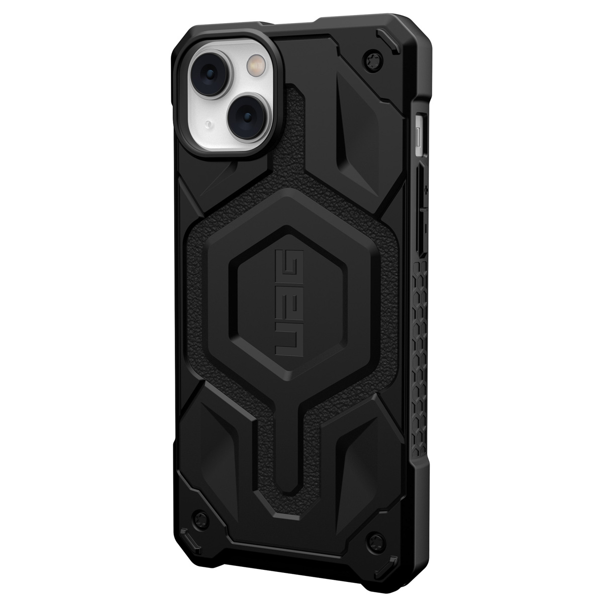 Schwarze Handyhülle mit drei sichtbaren Kameras. UAG-Logo auf der Rückseite.