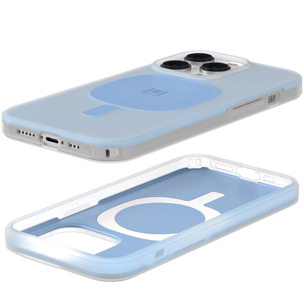 Zwei Handyhüllen, eine blaue und eine transparente, mit einem Magnetkreis-Design auf der Rückseite.