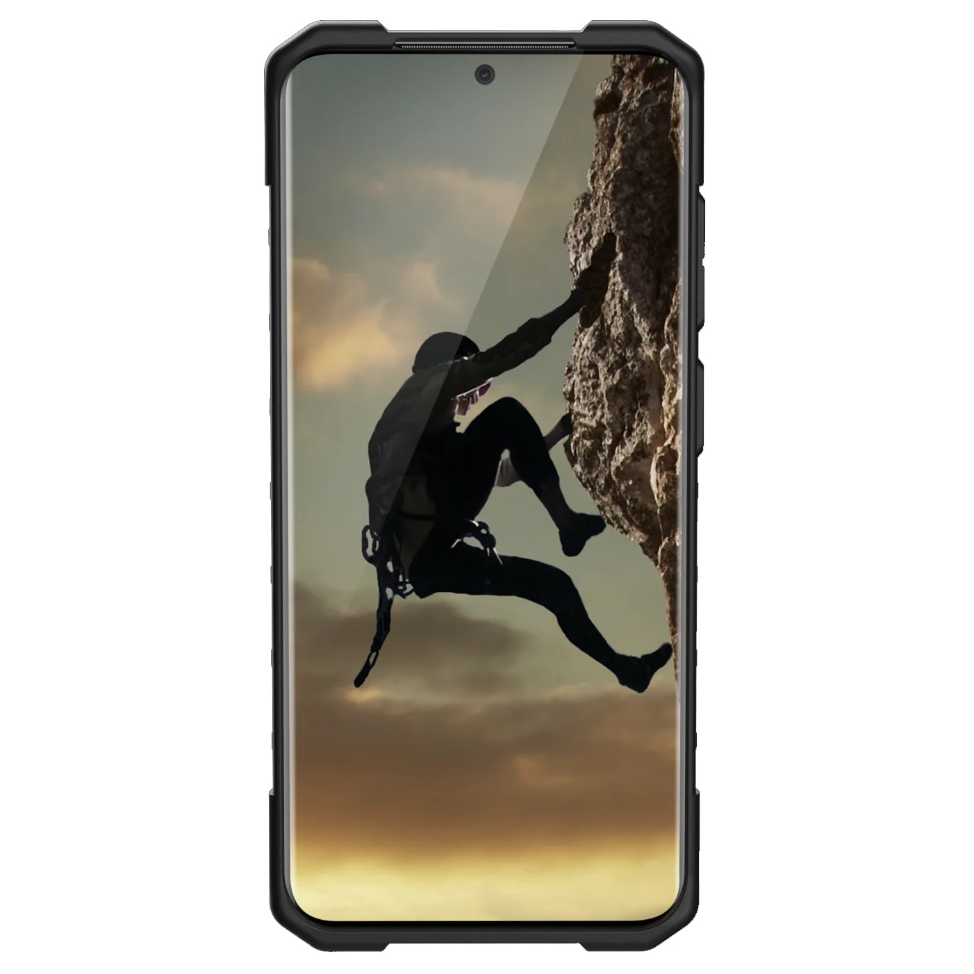 Telefon mit schwarzem Gehäuse zeigt einen Mann, der eine Felswand erklimmt.
