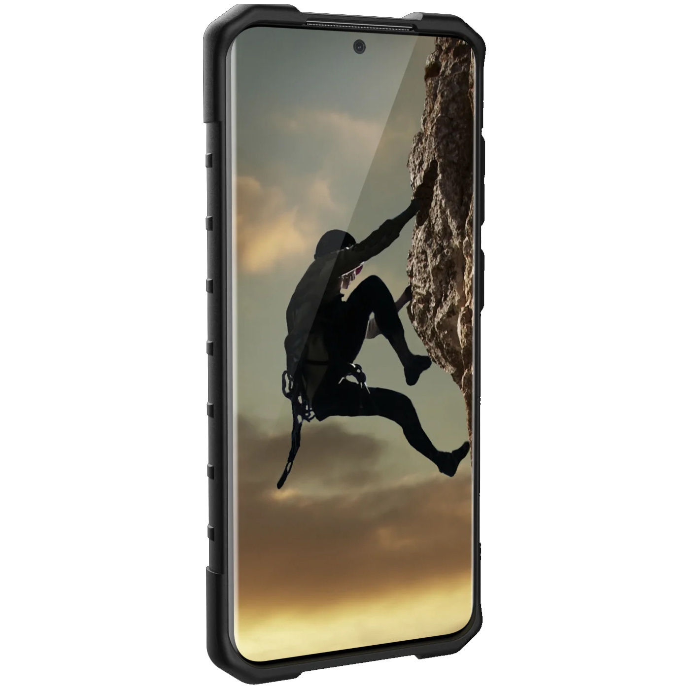 Ein Telefon in einer schwarzen Hülle. Der Bildschirm zeigt einen Kletterer am Berg. Die Hülle ist schützend.
