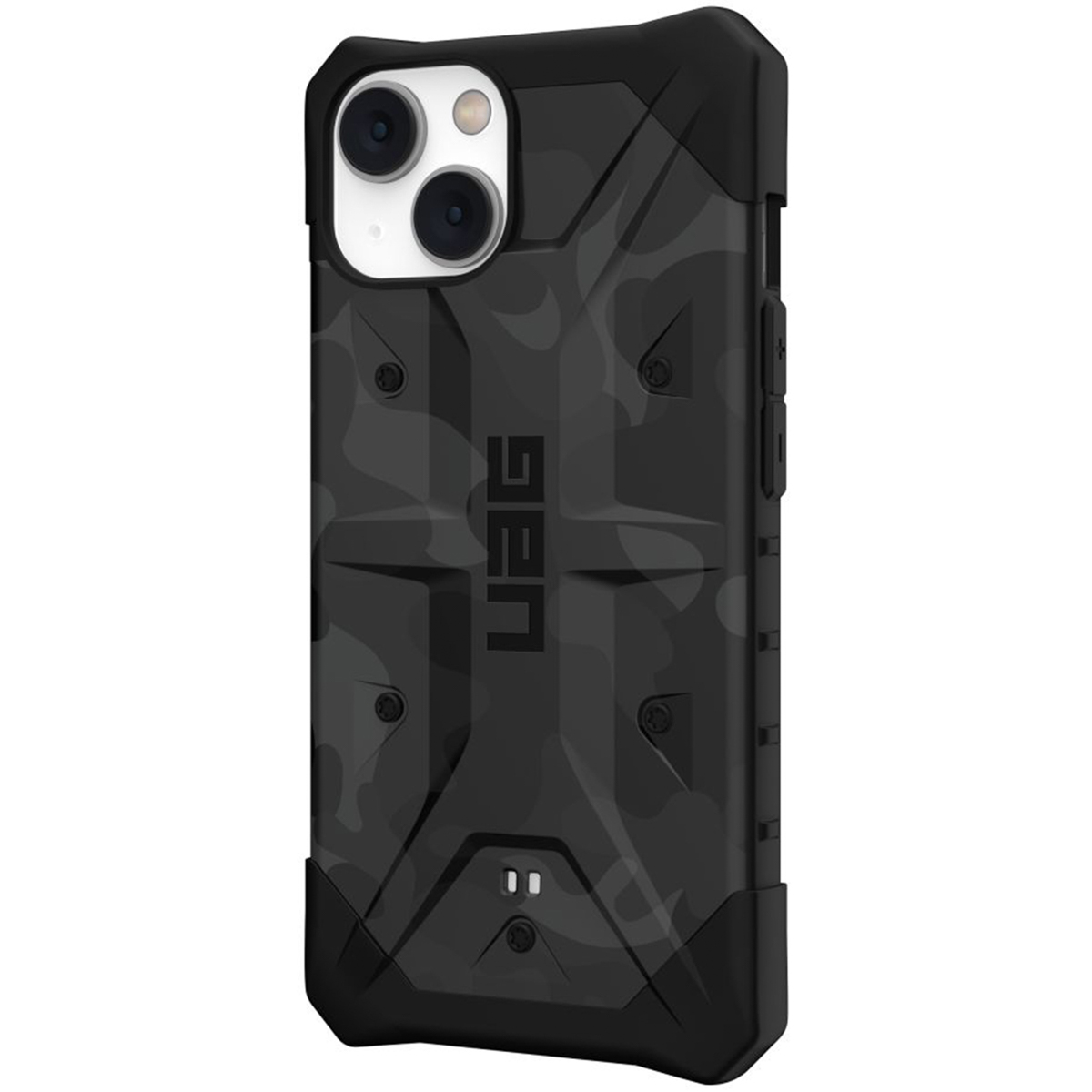 Schwarze Handyhülle mit grauem Camouflage-Muster, UAG-Logo und Kameraausschnitt.