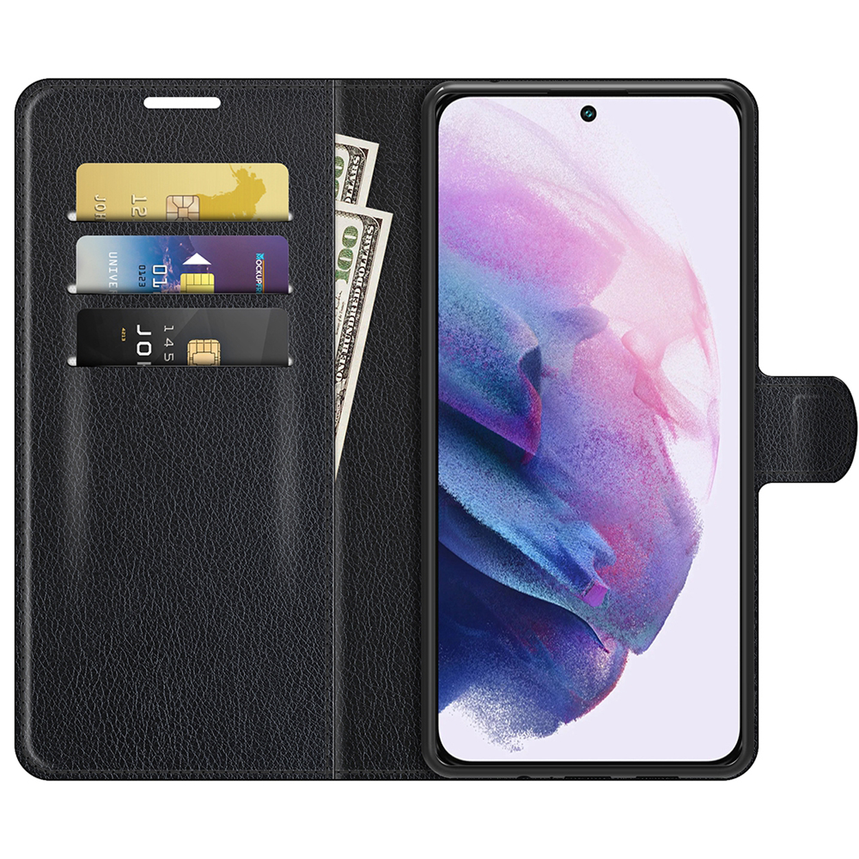 Zwarte telefoonhoes open met een telefoon en creditcards, met contant geld.