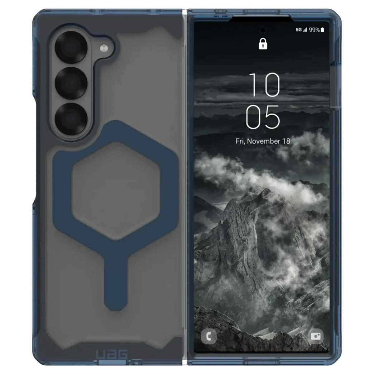 Una custodia per telefono, aperta, che rivela uno schermo del telefono, con montagne sul display.