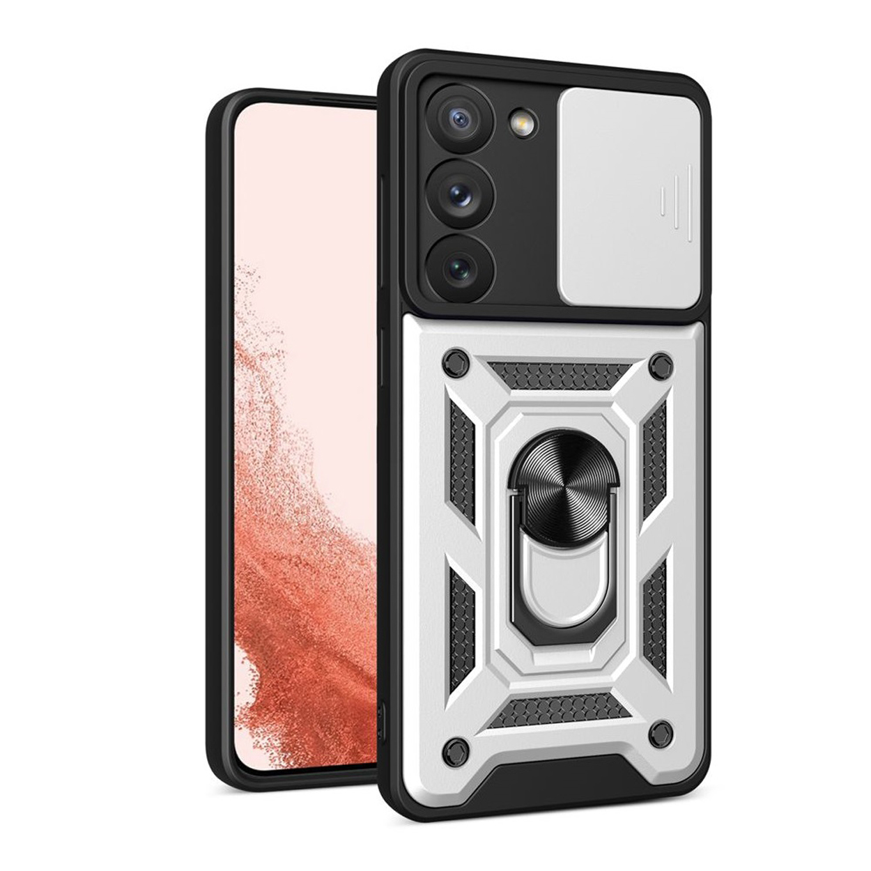 Een zwart-witte telefoonhoes met een camera-uitsparing, een ringhouder en een telefoonscherm.