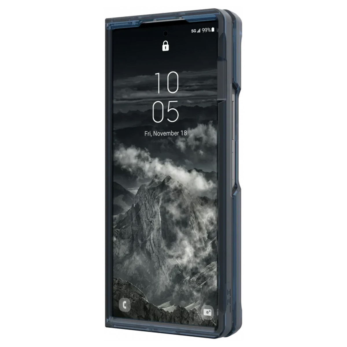 Un telefono in una custodia nera che mostra una schermata di blocco con la data e l'ora.
