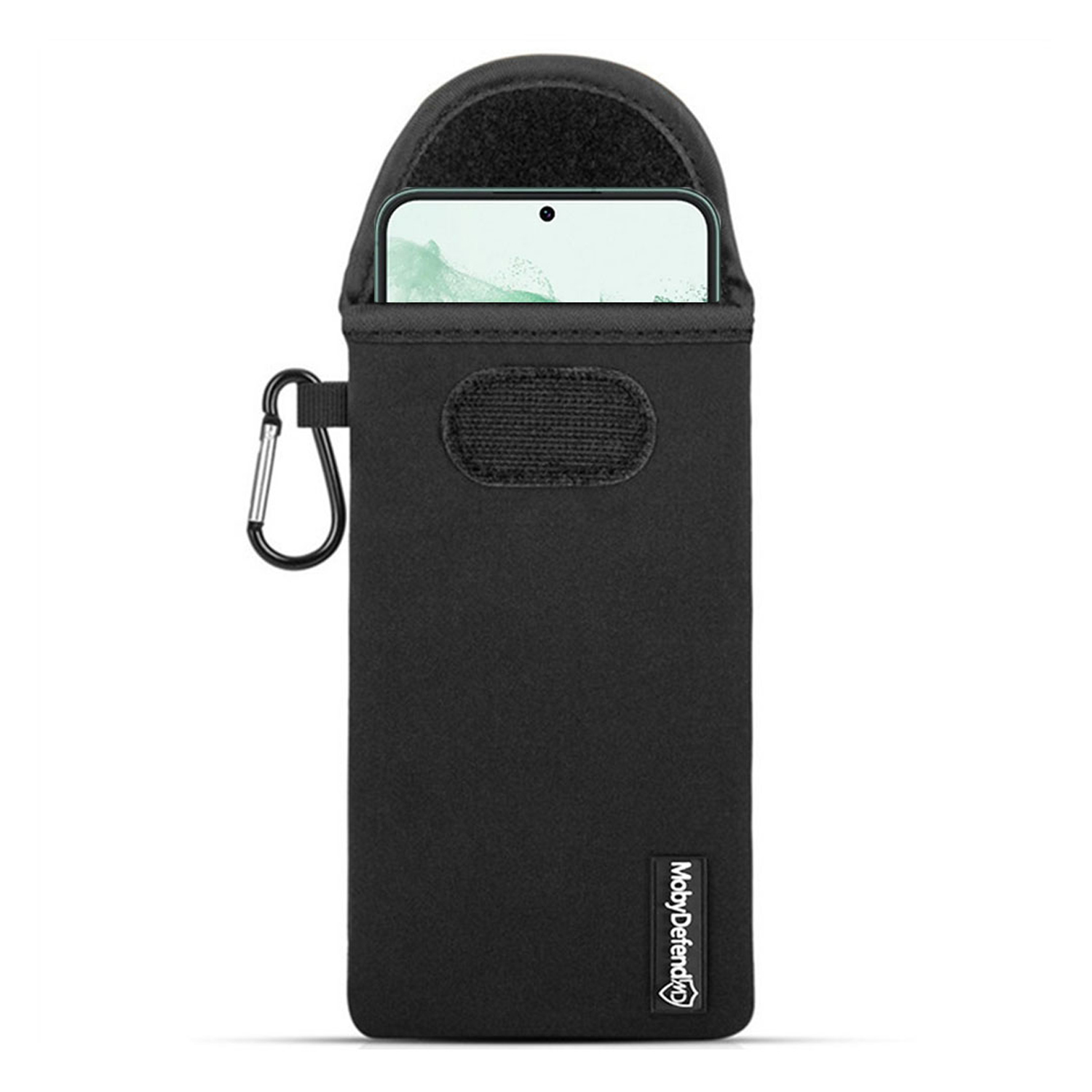 Zwarte telefoonhoes met karabijnhaak. Een telefoon is zichtbaar in de opening, scherm omhoog.