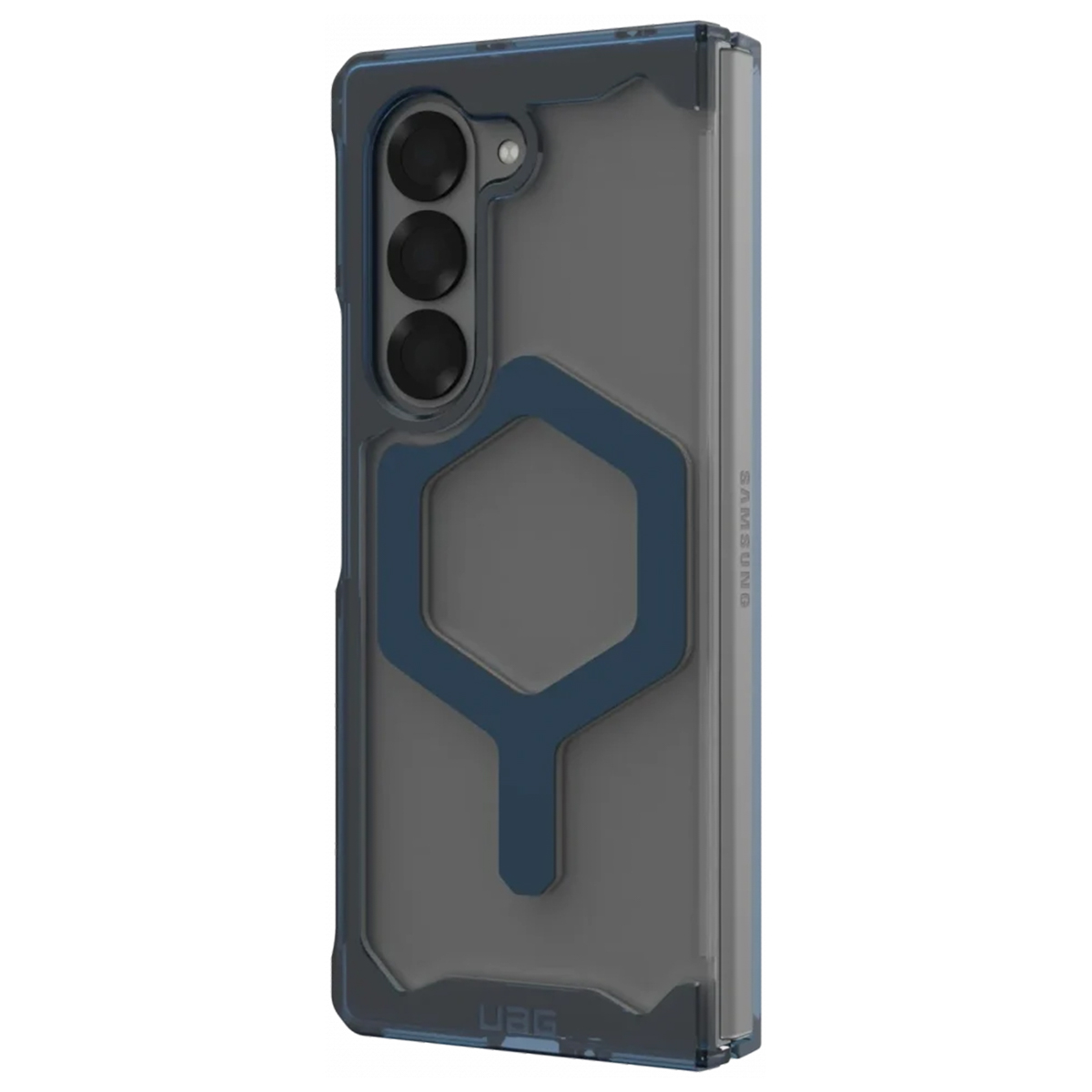 Una custodia trasparente per telefono con dettagli blu, che protegge un telefono. Il marchio è UAG, con logo Samsung.