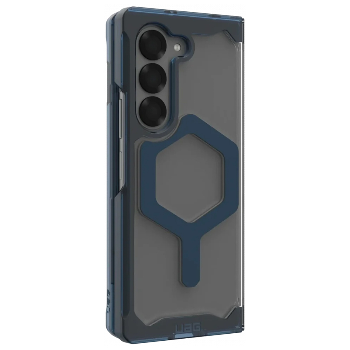 Una custodia trasparente per telefono con design blu e tre fori per la fotocamera, su sfondo bianco.