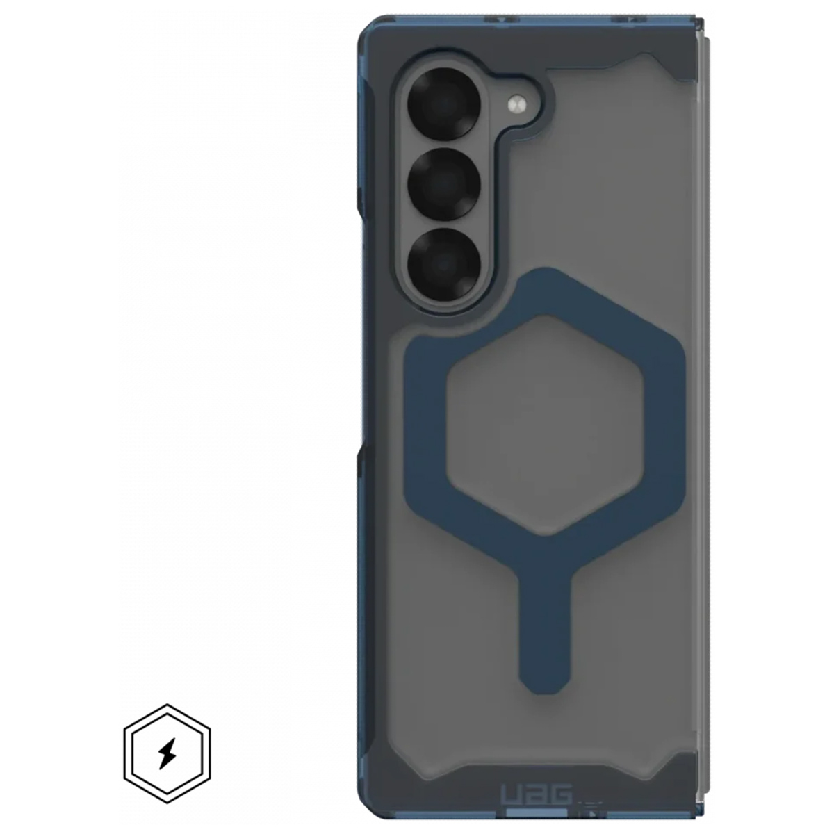 Custodia per telefono, blu scuro con design esagonale e fulmine.