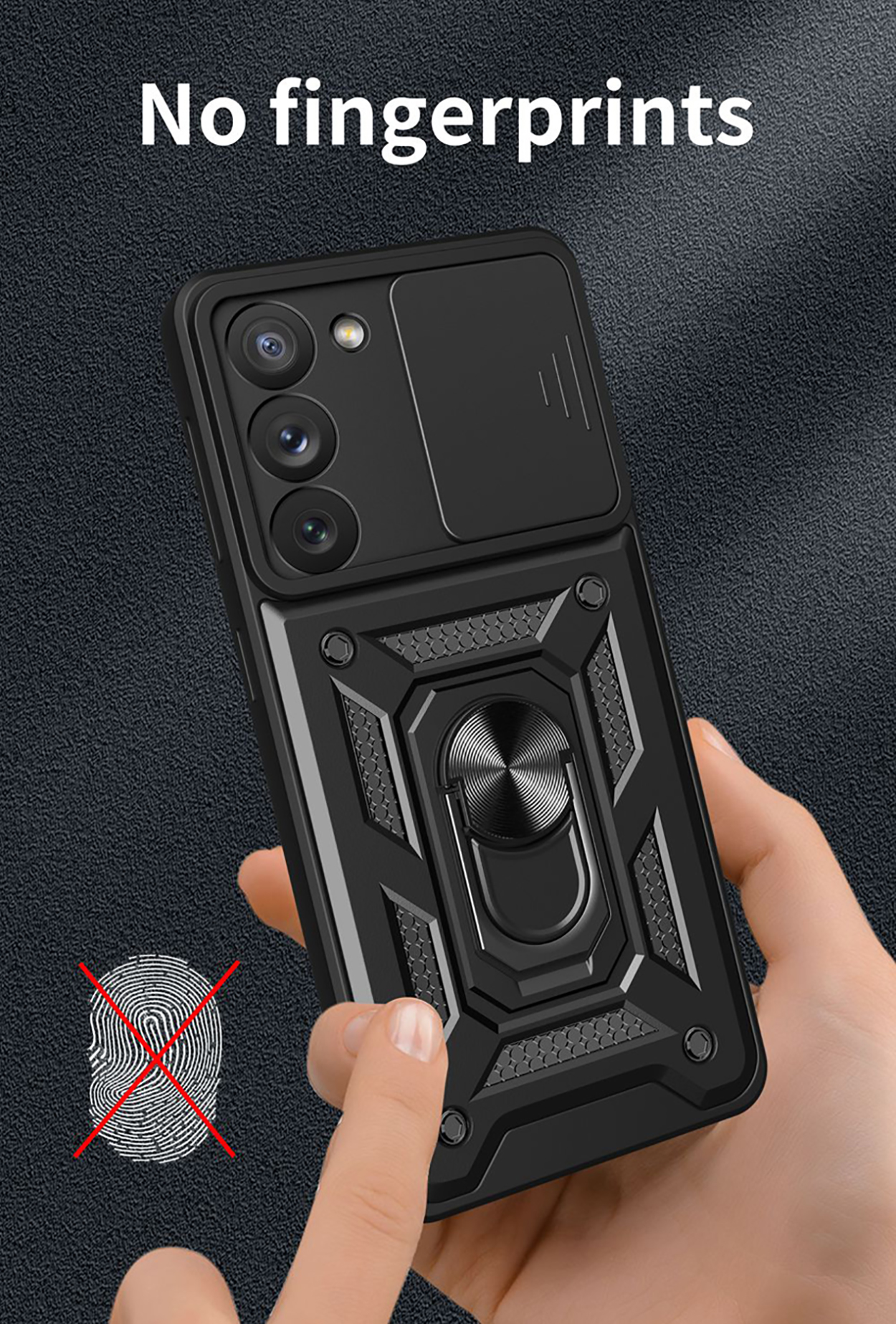 Zwarte telefoonhoes met camera en ringhouder. Tekst zegt 'Geen vingerafdrukken'. Vingerafdruksymbool doorgestreept.