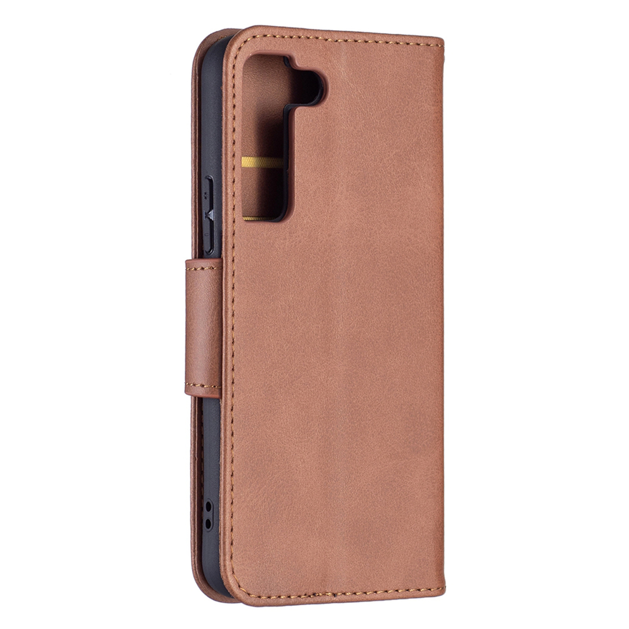 Bruine leren telefoonhoes, gesloten. De hoes heeft een magnetische sluiting.
