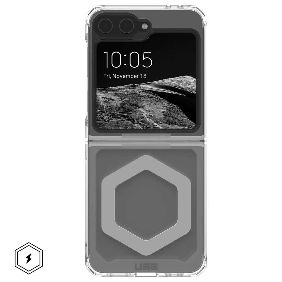 Una custodia per smartphone, aperta, che mostra uno schermo con un'ora e uno sfondo nero.