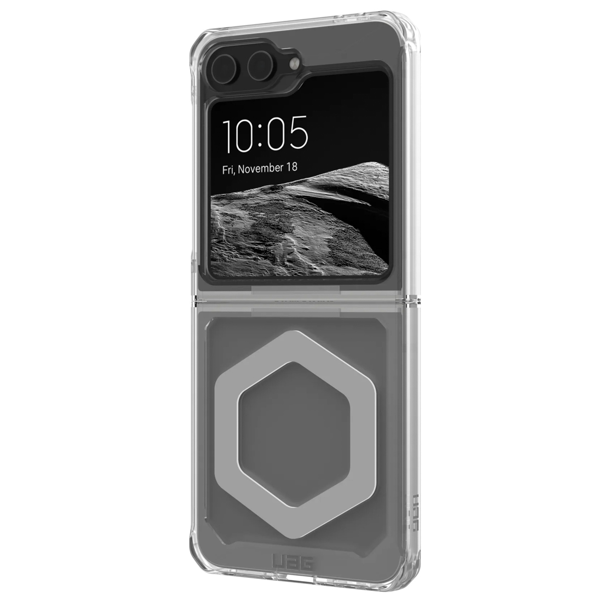 Una custodia trasparente con un telefono all'interno, che mostra l'ora e una fotocamera.