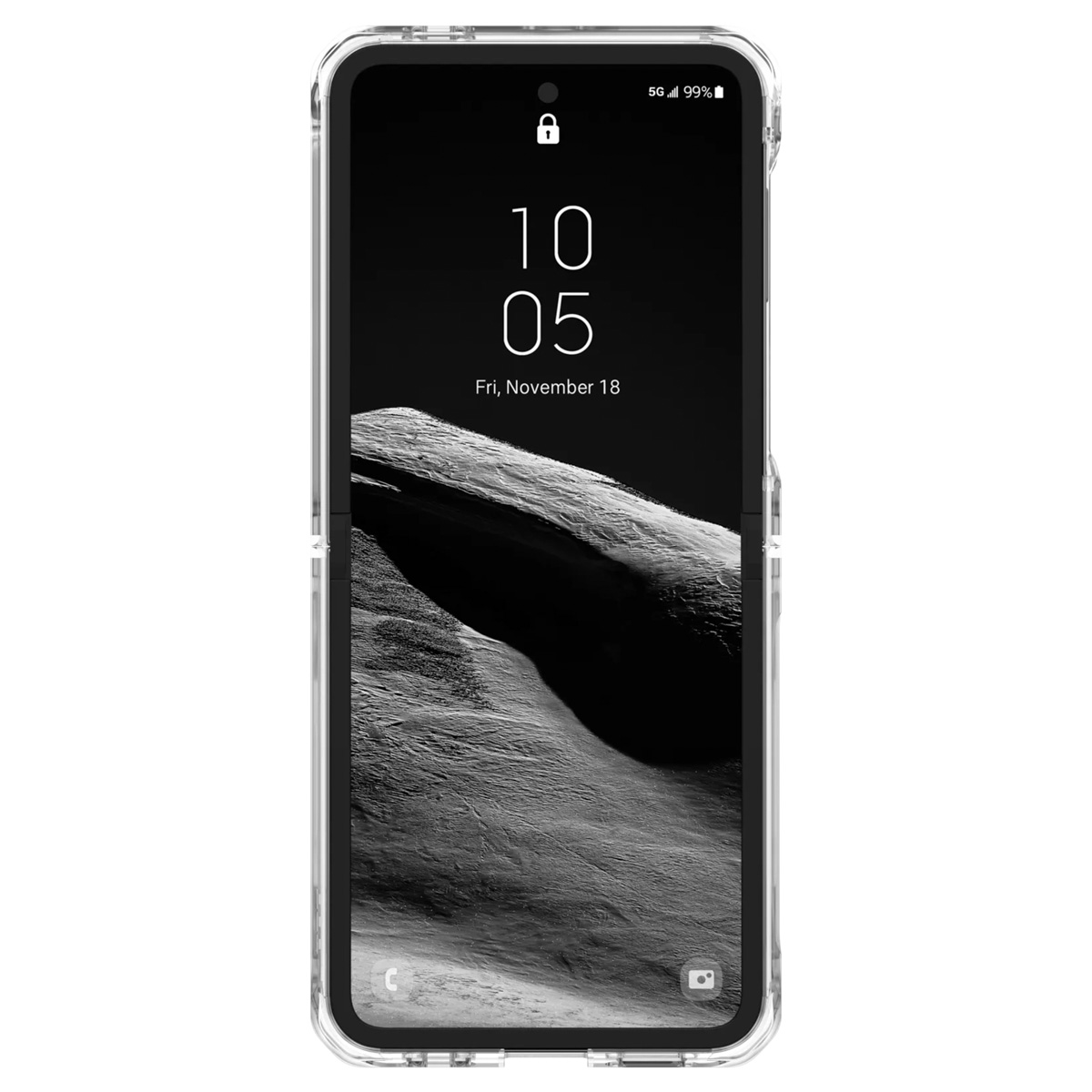 Uno smartphone nero mostra l'ora, racchiuso in una custodia trasparente.