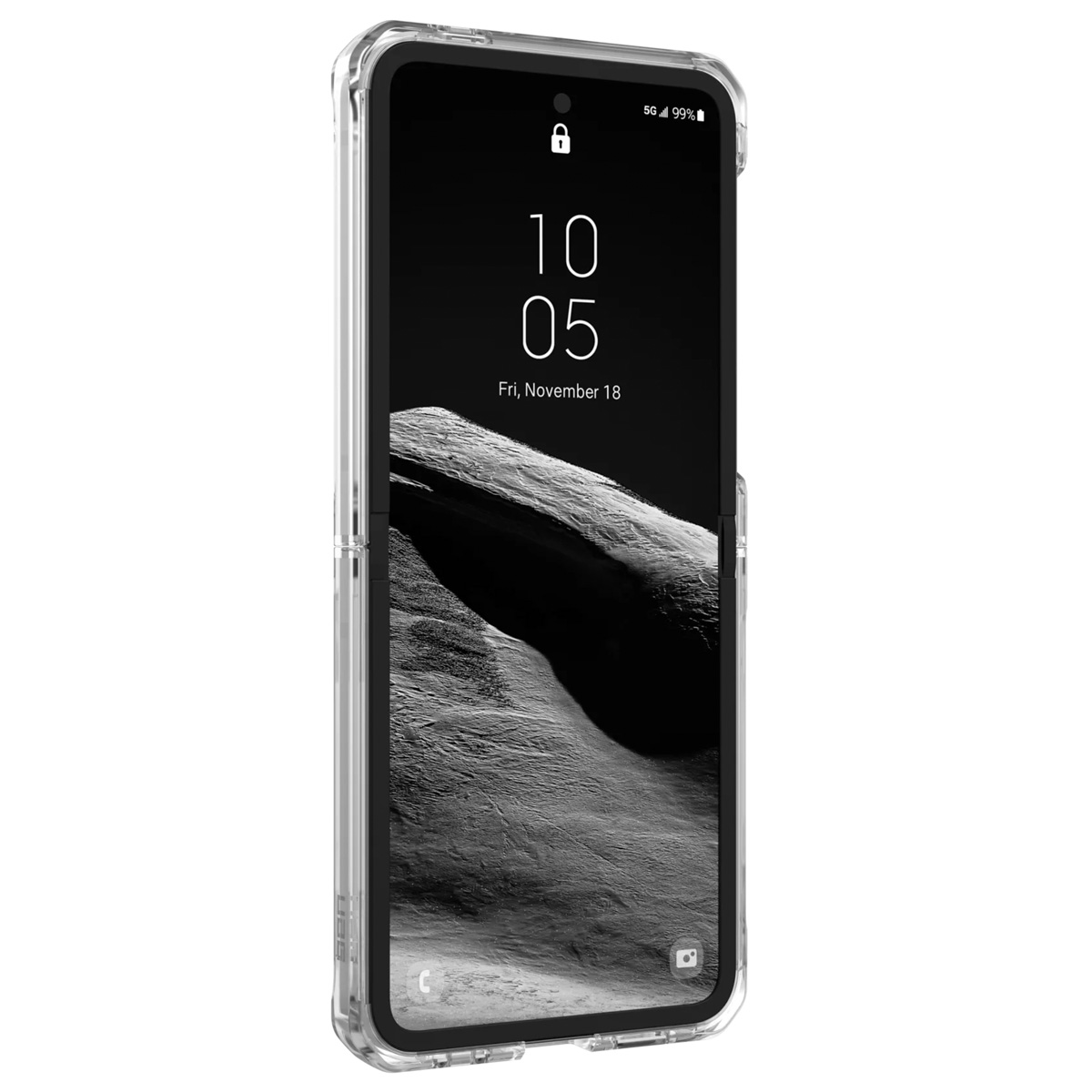 Un telefono trasparente chiuso in una custodia su sfondo bianco, che mostra l'ora e un'icona a forma di lucchetto.