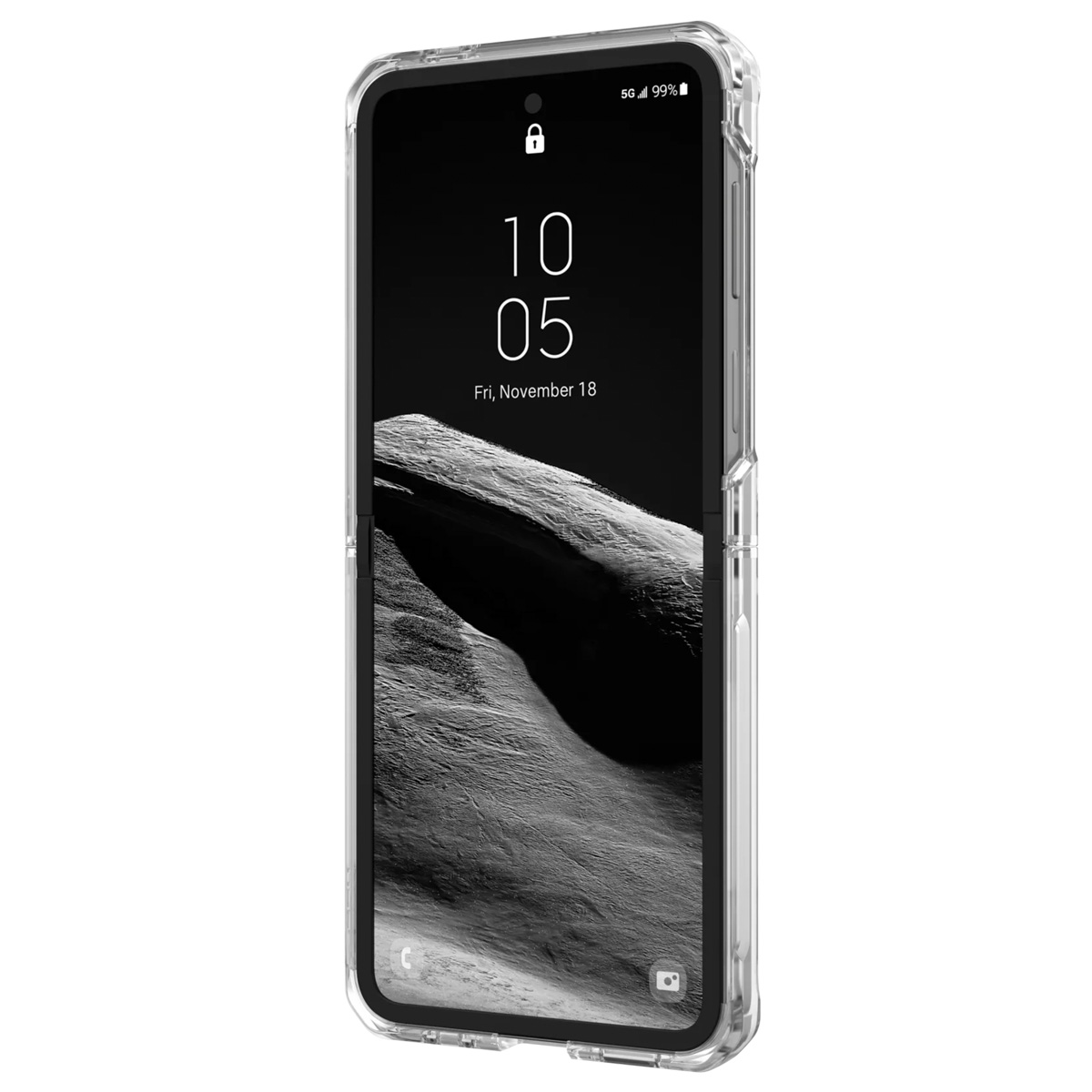 Smartphone in una custodia trasparente, mostra la data e l'ora: Venerdì 18 novembre, 10:05.