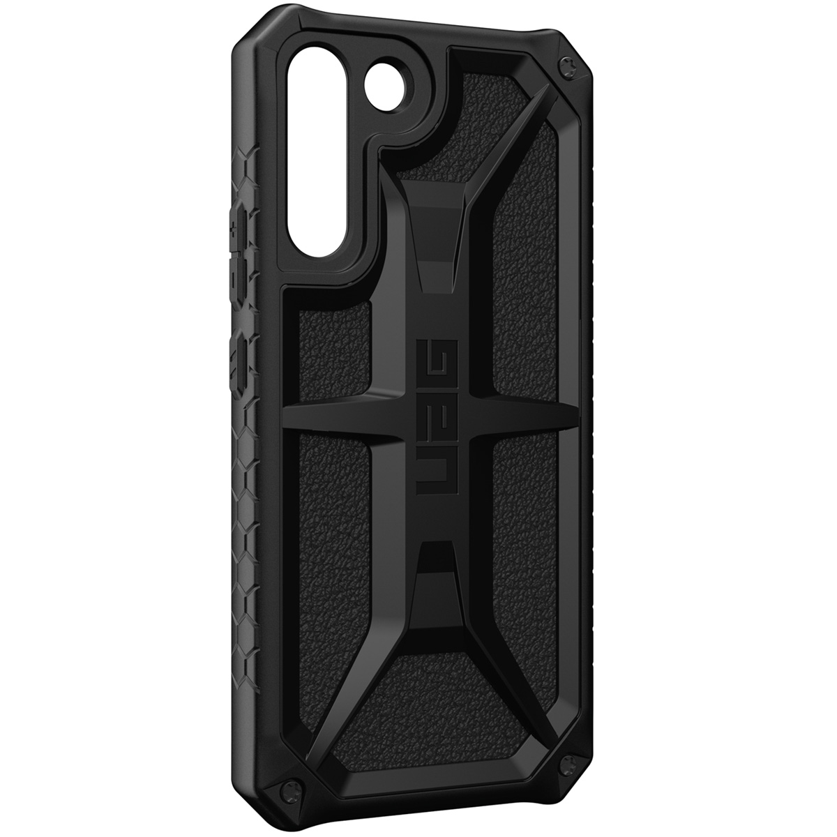 Schwarze Handyhülle. Sie ist robust und hat ein UAG-Logo in der Mitte.