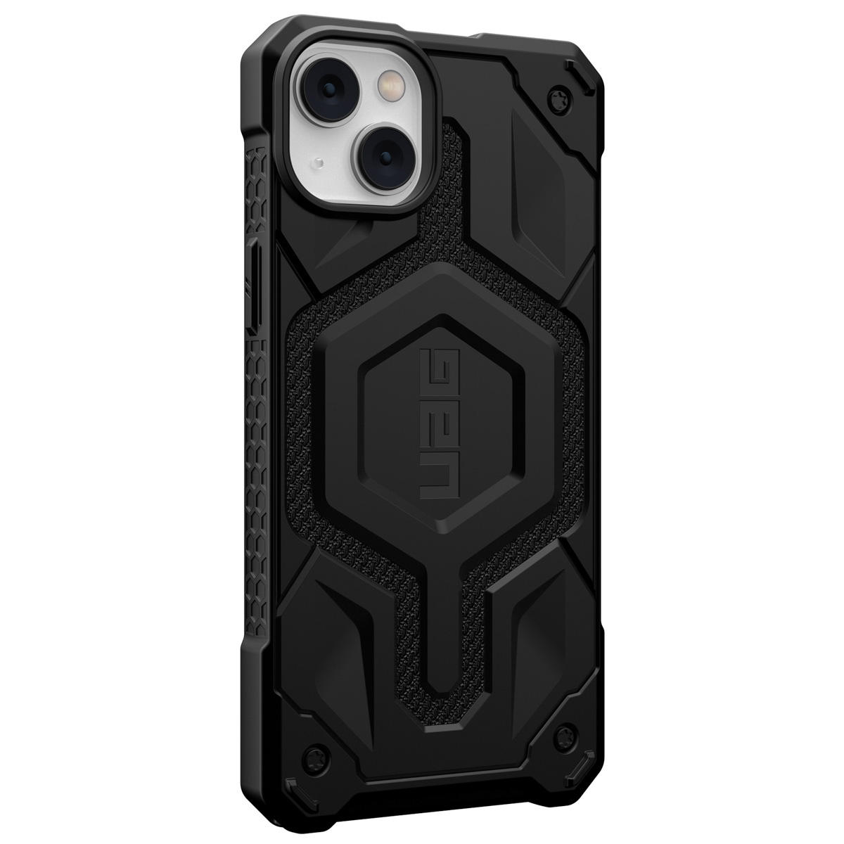 Eine schwarze Handyhülle mit UAG-Logo. Die Hülle hat ein robustes Design mit sechseckigem Muster auf der Rückseite.