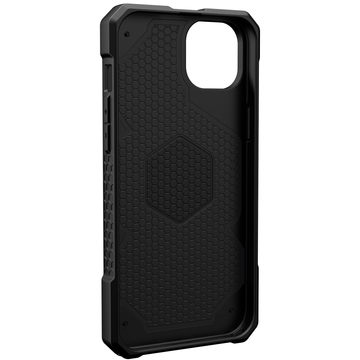 Eine schwarze Schutzhülle für das Telefon, mit sechseckigem Muster und einem Ausschnitt für die Kamera.