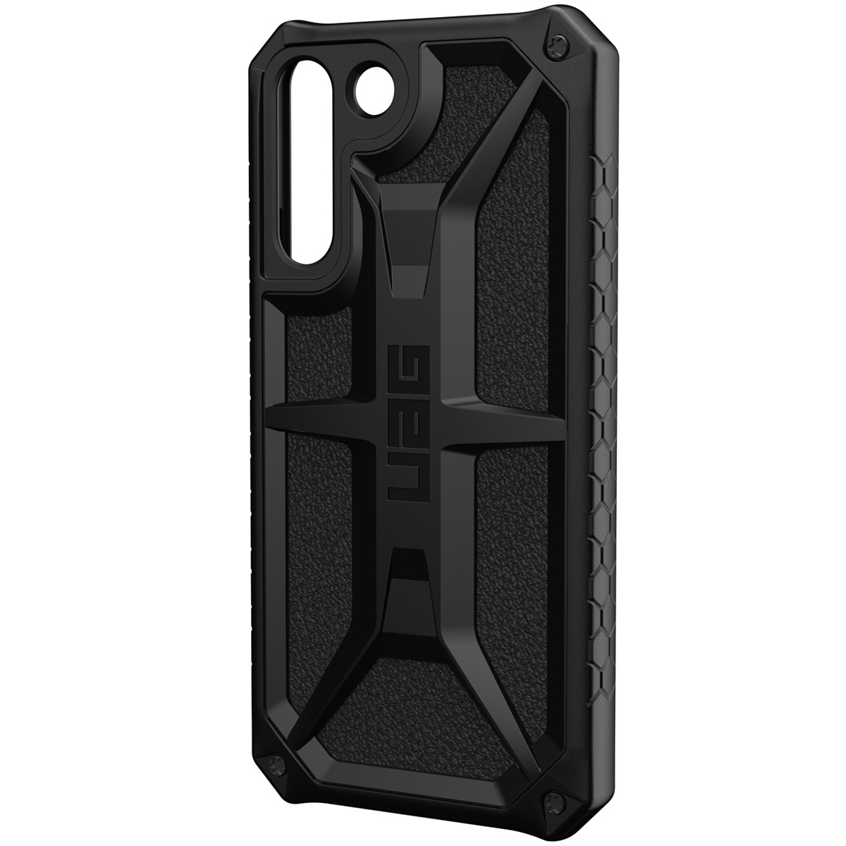 Schwarze Handyhülle mit robustem Design. Das UAG-Logo ist sichtbar. Es hat eine strukturierte Oberfläche.