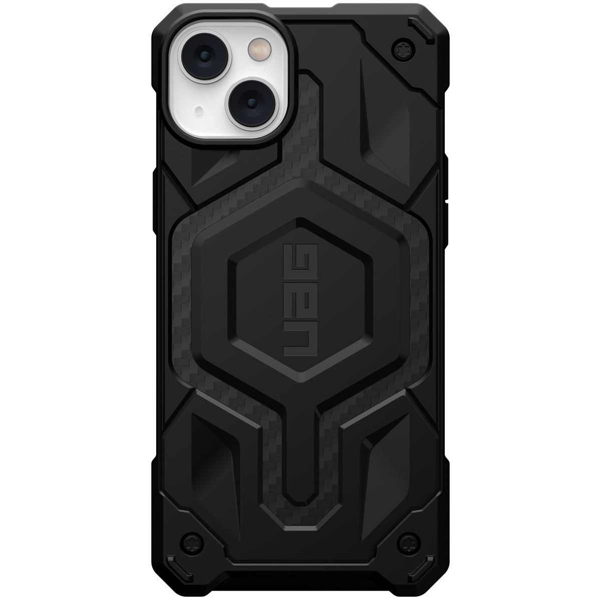 Schwarze Handyhülle mit robustem Design, UAG-Logo auf der Rückseite. Kameras sind sichtbar.