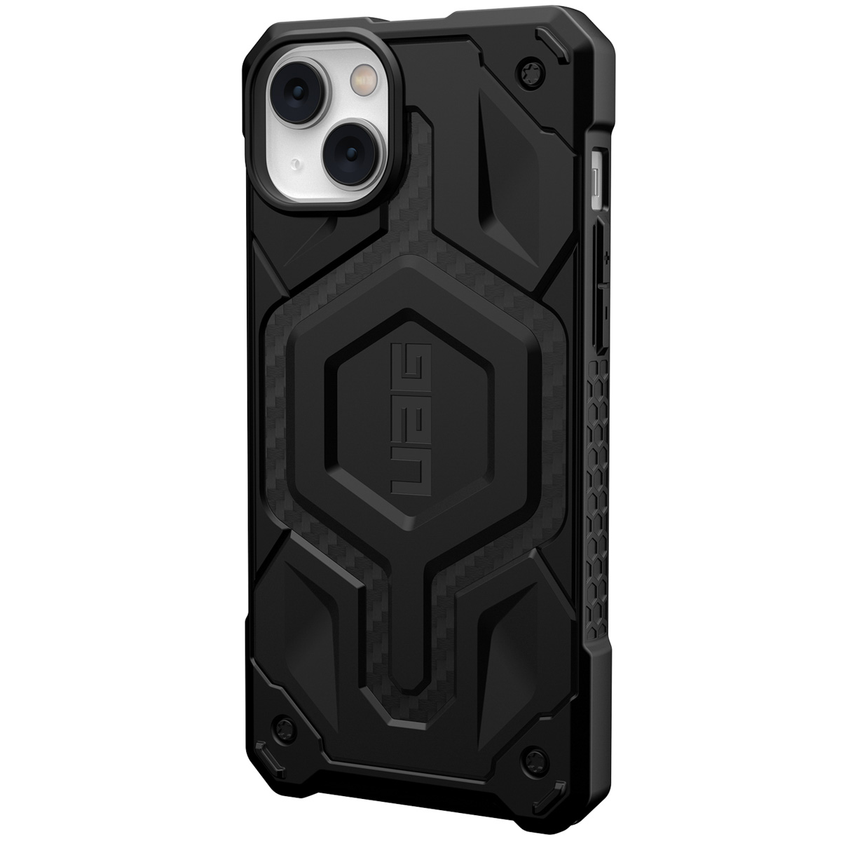 Schwarze Handyhülle mit strukturierter Oberfläche. Das UAG-Logo ist sichtbar.
