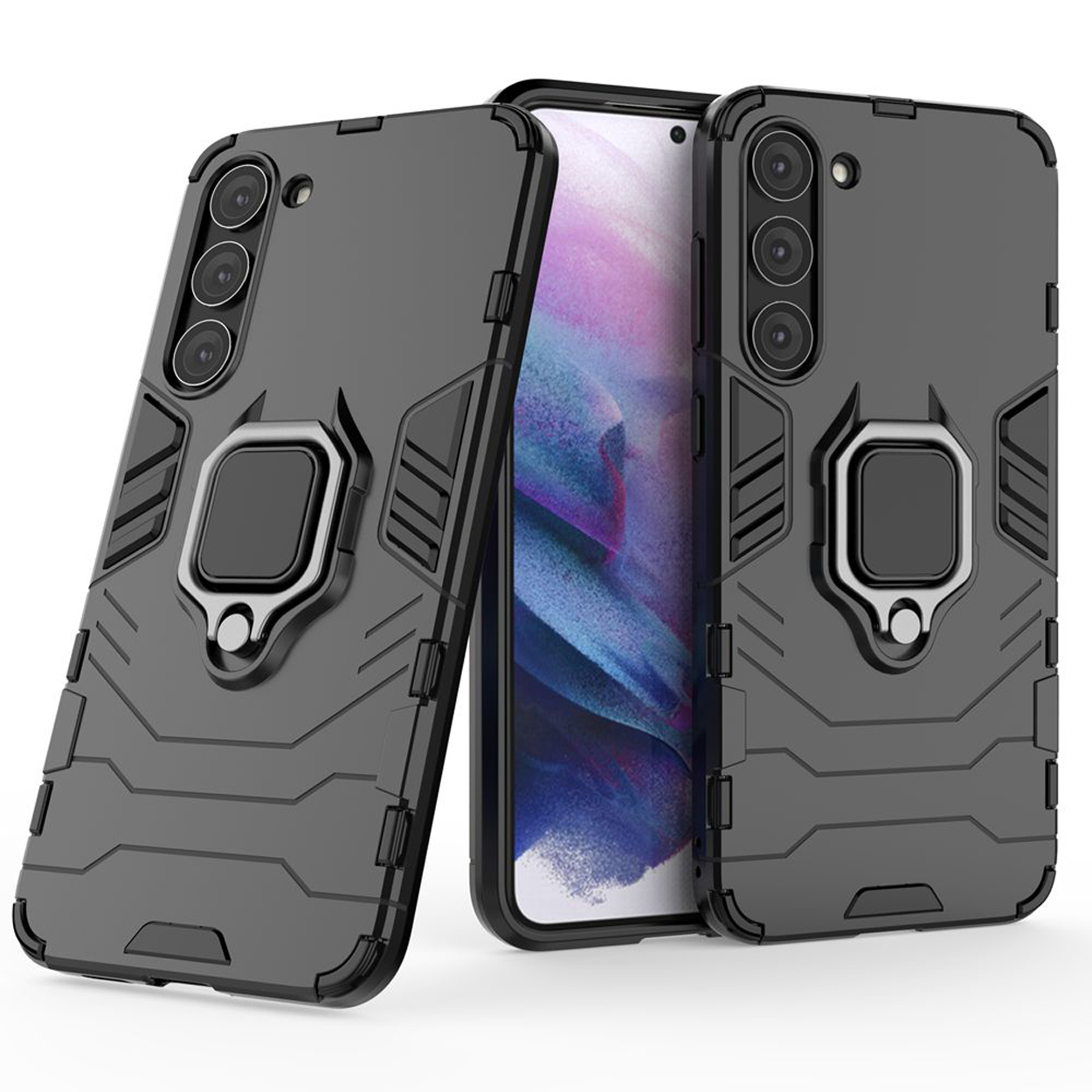 Drie zwarte telefoonhoesjes. Elk heeft een ringhouder en drie cameralenzen.