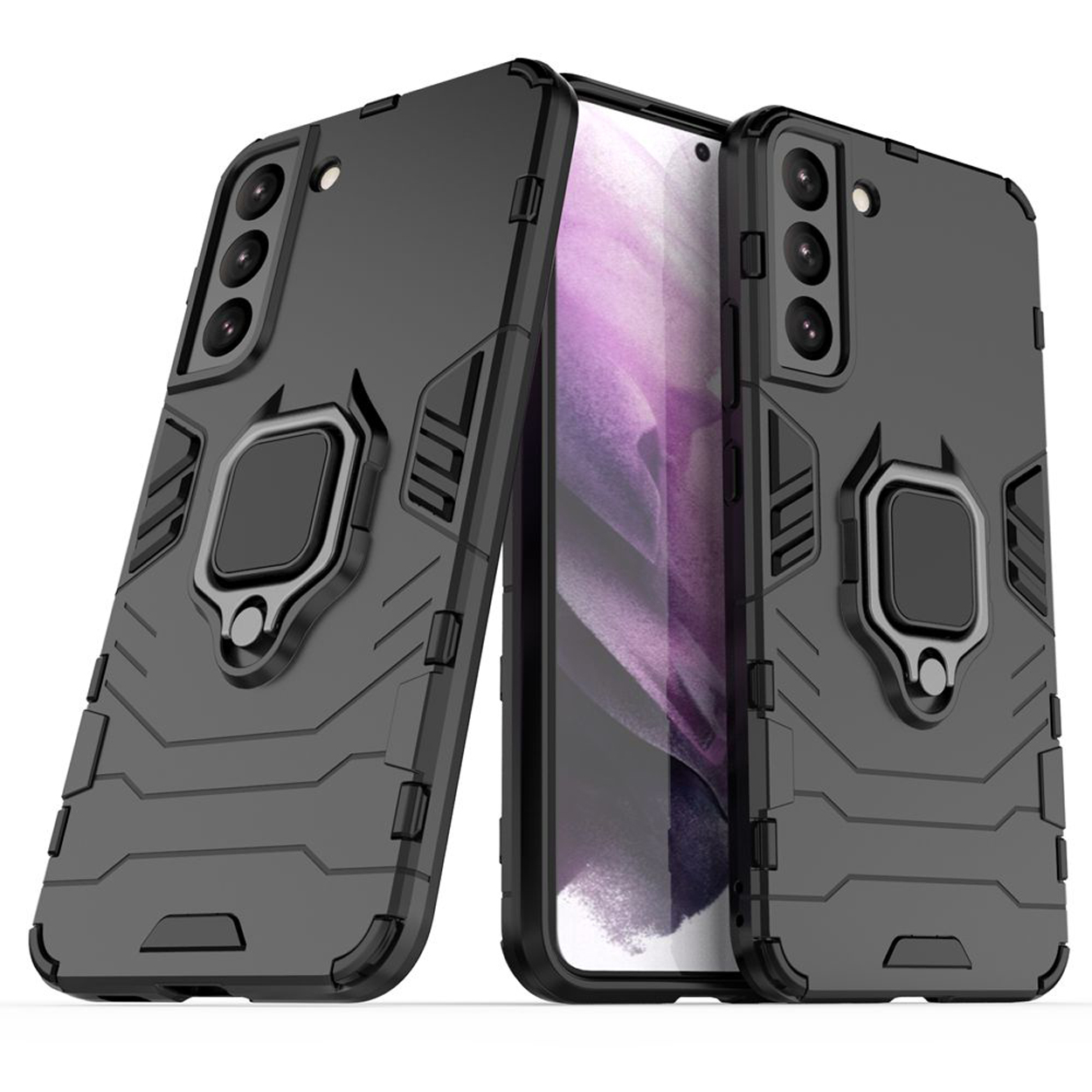 Zwarte telefoonhoesjes, met metalen ringstandaard. De hoesjes hebben een textuurontwerp en een zilveren ring.