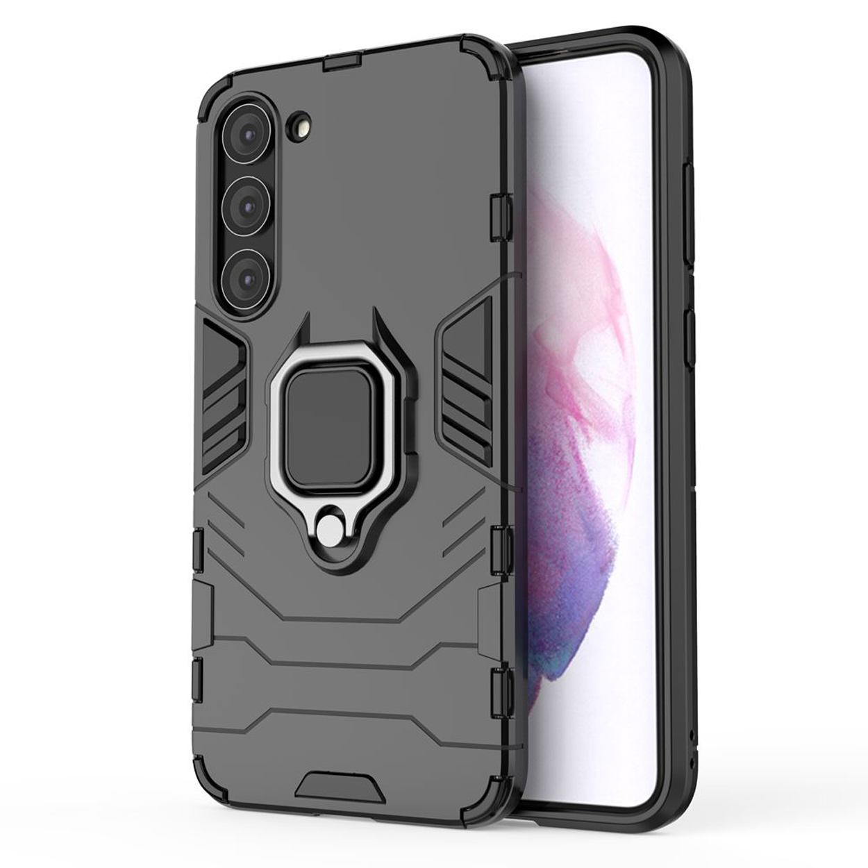 Een zwarte telefoonhoes met een ringhouder op de achterkant. De hoes heeft een robuust ontwerp en een verhoogde camerabehuizing.