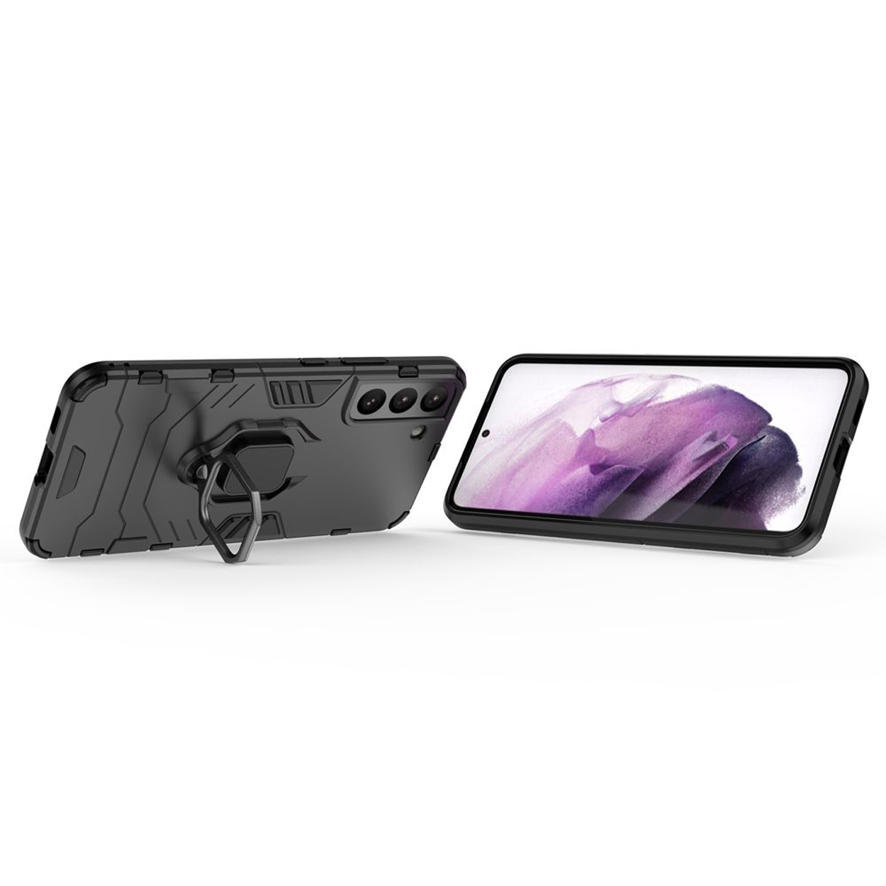 Twee zwarte telefoonhoesjes, één met een ringhouder, en een telefoon in de andere, die de achterkant van een telefoon laat zien.