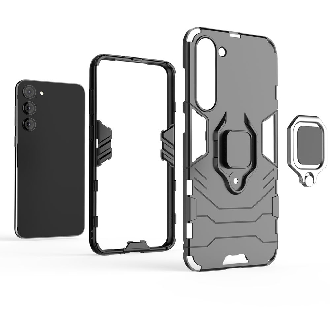 Zwarte telefoonhoescomponenten, gedemonteerd. Telefoon, frame en ringhouder.