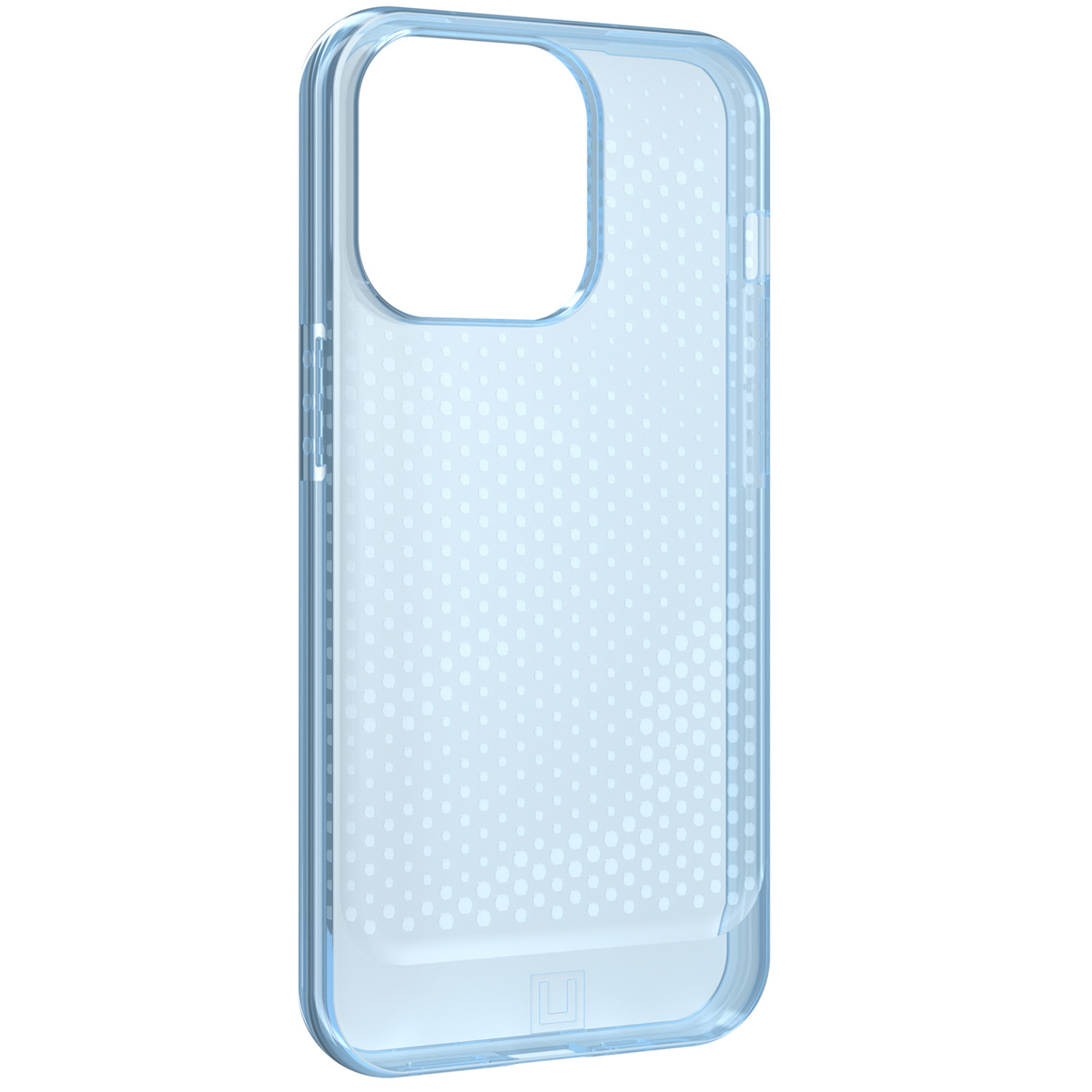 Transparente blaue Handyhülle. Sie hat ein gepunktetes Muster und einen transparenten Stoßfänger. Die Handyhülle liegt auf einer weißen Oberfläche.