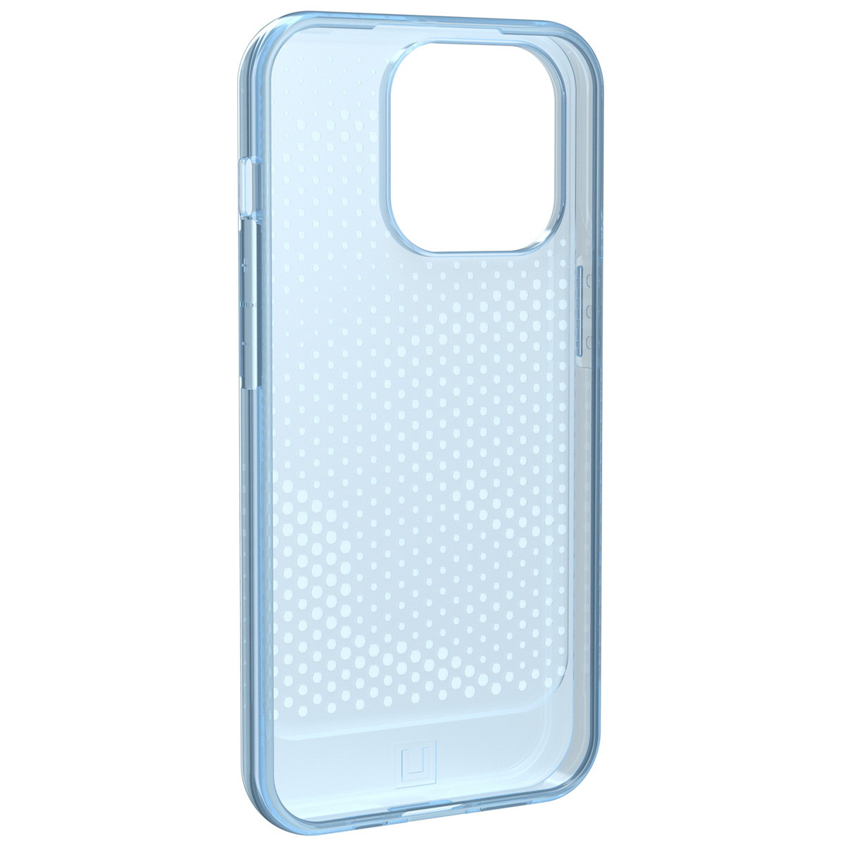 Hellblaue Handyhülle mit Telefon, transparent mit weißem Punktmuster.