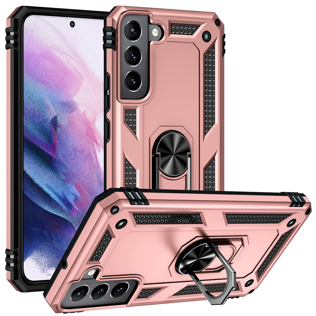 Roze telefoonhoes met ringstandaard. Scherm zichtbaar. Drie cameralenzen achterop.