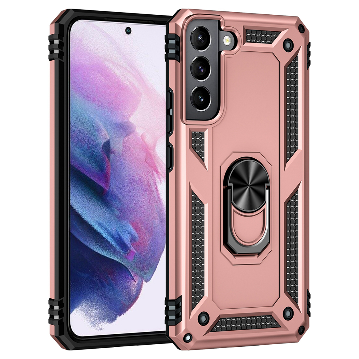 Een roségouden telefoonhoesje met een ringhouder en telefoonscherm.