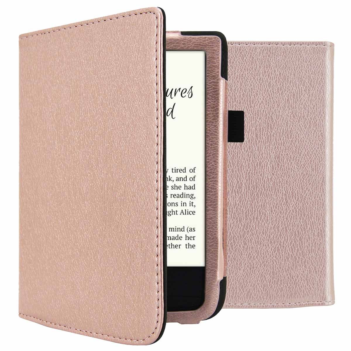 Roze e-reader hoes, open om het apparaat te laten zien. Het scherm toont tekst.