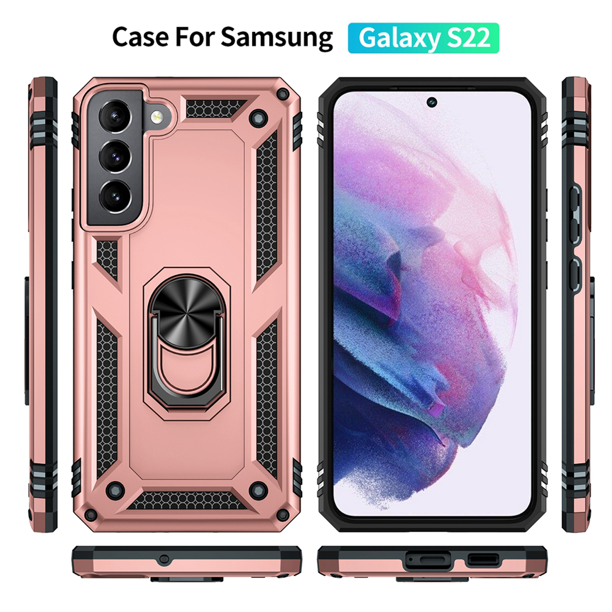 Roségouden telefoonhoes met ringhouder en honingraatontwerp, met een telefoon.