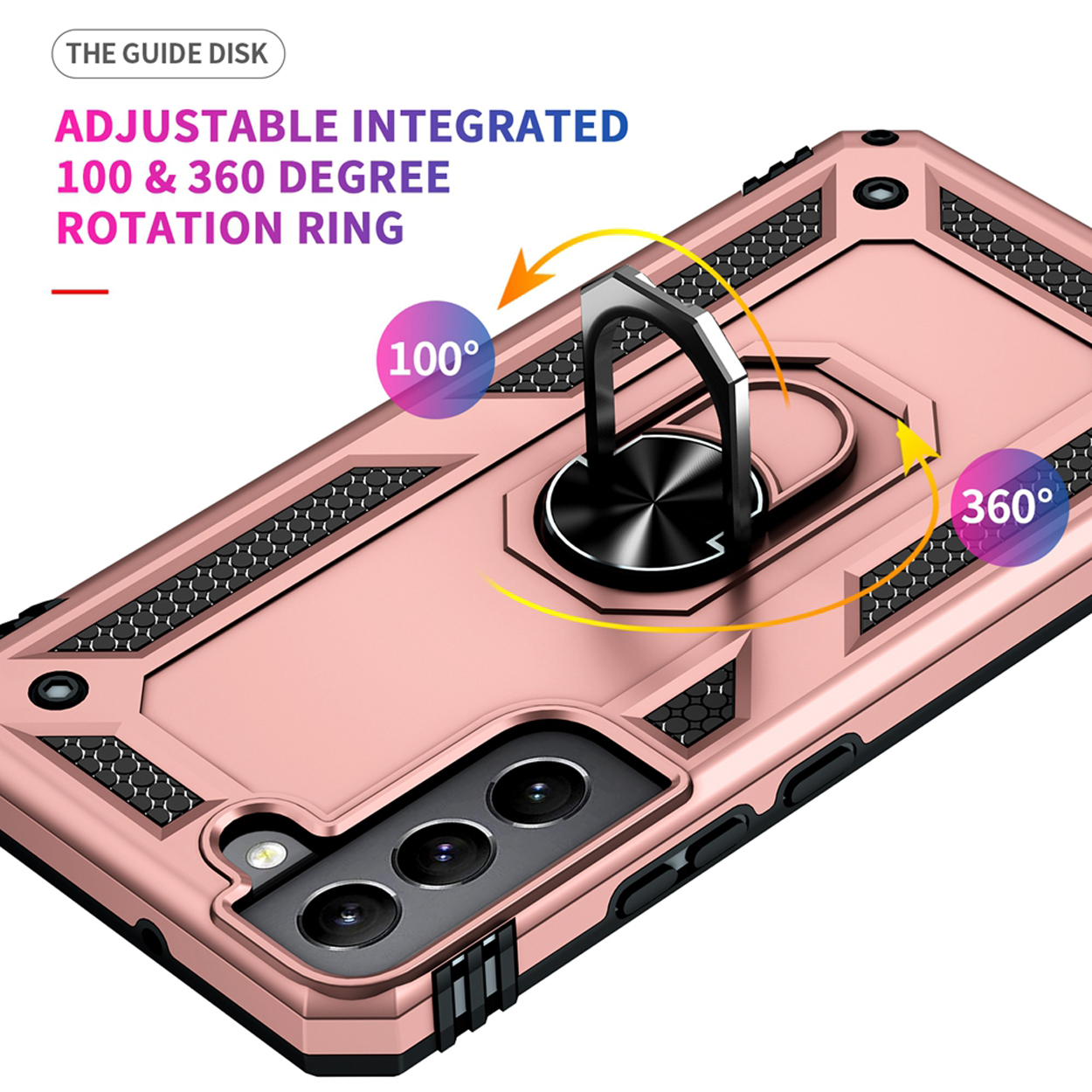Roségouden telefoonhoes met een ringhouder, verstelbaar voor 100 en 360 graden rotatie.